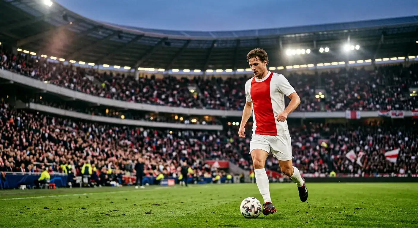 Spielszene mit Ajax-Trikot vor der Tribüne der Johan Cruijff Arena