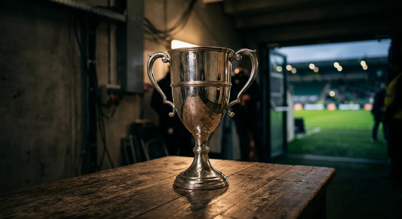 Niederländische Meisterschale aus poliertem Silber auf einer Stadion-Tribüne — Symbol für Big Three Eredivisie