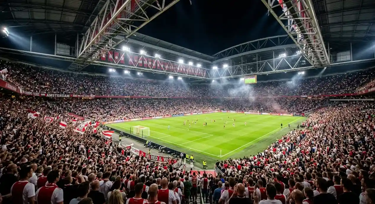 Ausverkaufte Tribünen der Cruijff Arena bei Flutlicht