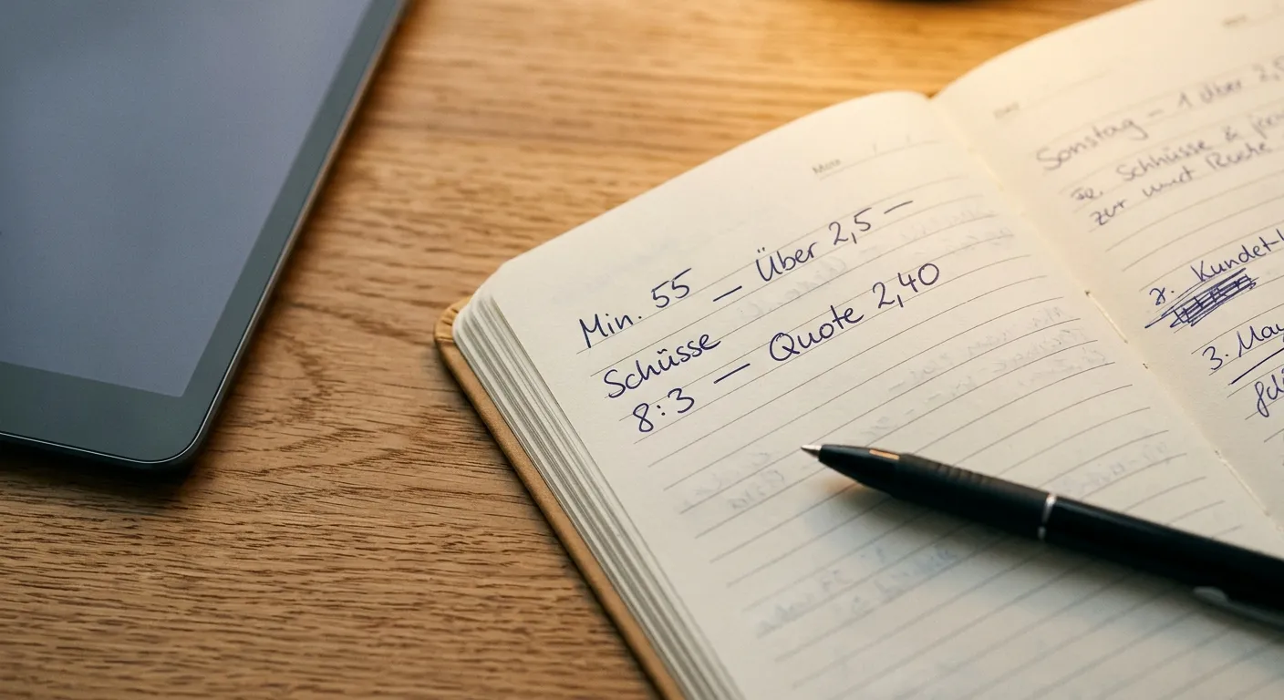 Tippjournal mit handschriftlichen Notizen zu Live-Wetten, Spielminuten und Schussverhältnis