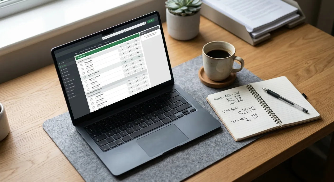 Arbeitsplatz mit Laptop und mehreren Wettmarkt-Ansichten