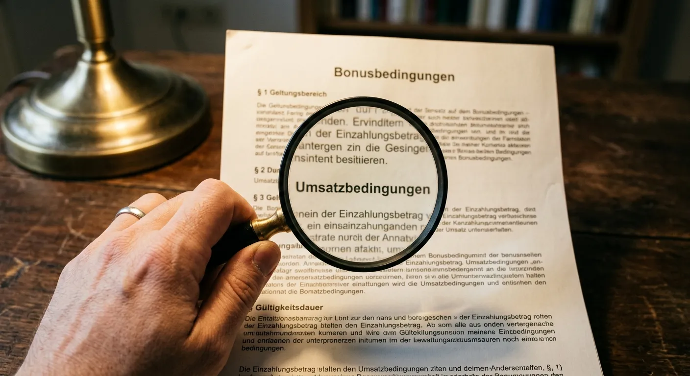 Hand mit Lupe liest die Bonusbedingungen eines Wettanbieters in einem ausgedruckten Dokument
