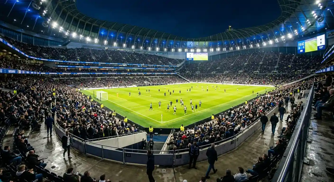 Modernes Stadion bei Flutlicht mit Anzeigetafel für ein Champions-League-Qualifikationsspiel