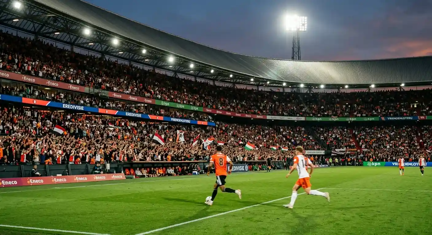 Niederländisches Eredivisie-Stadion bei Flutlicht — Heimspiel-Atmosphäre mit Fans auf den Rängen