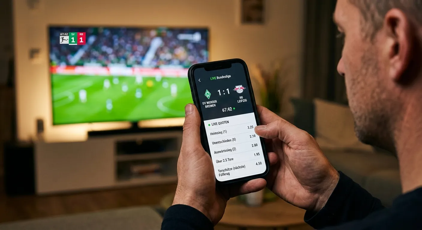 Tipper verfolgt ein Eredivisie-Live-Spiel auf dem Smartphone mit Live-Quoten auf dem Display