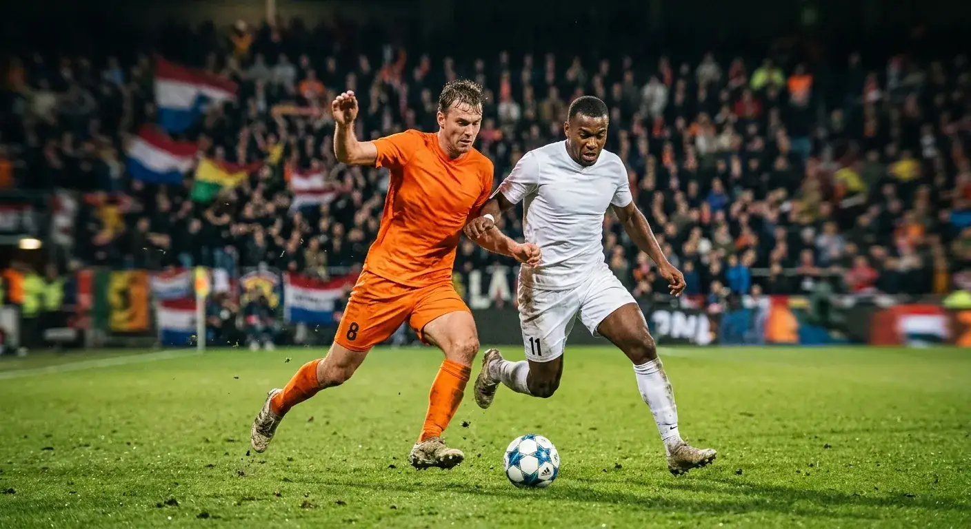 Eredivisie-Spiel bei Flutlicht mit hohem Pressing und schneller Spielaktion im Mittelfeld
