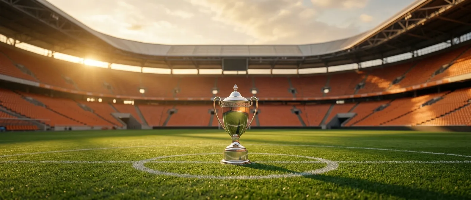 Niederländische Meisterschale auf grünem Rasen im leeren Stadion als Symbol für Saisonwetten