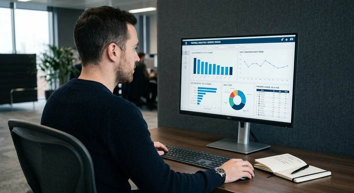 Datenanalyst studiert Eredivisie-Statistiken und xG-Werte auf einem hochwertigen Monitor