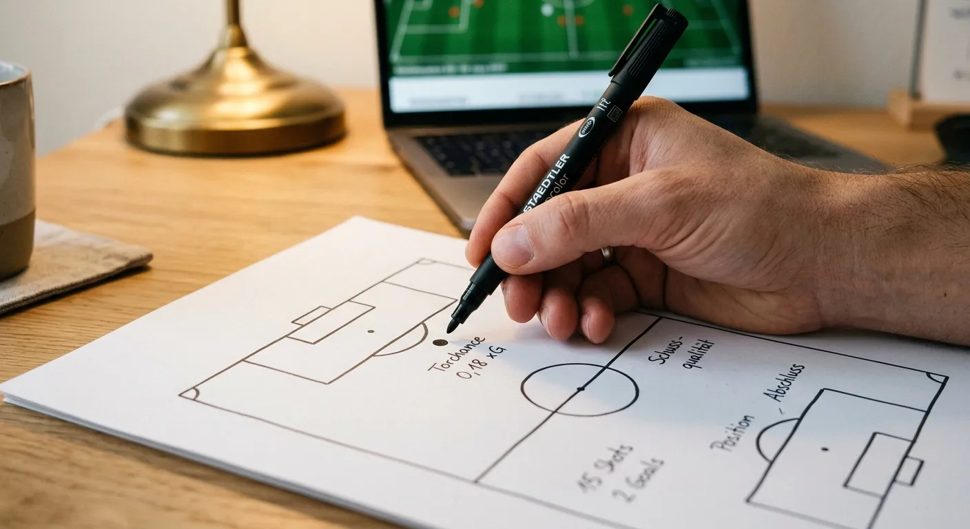 Sportanalyst markiert Schussqualität und xG-Wert eines Eredivisie-Spielers auf einem Pitch-Diagram