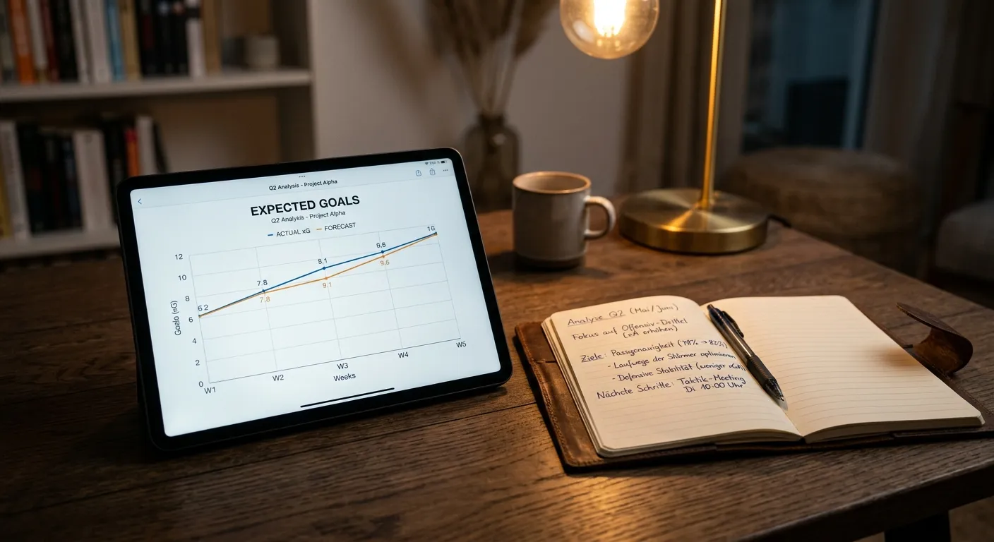 Tablet mit Expected-Goals-Auswertung neben Notizen