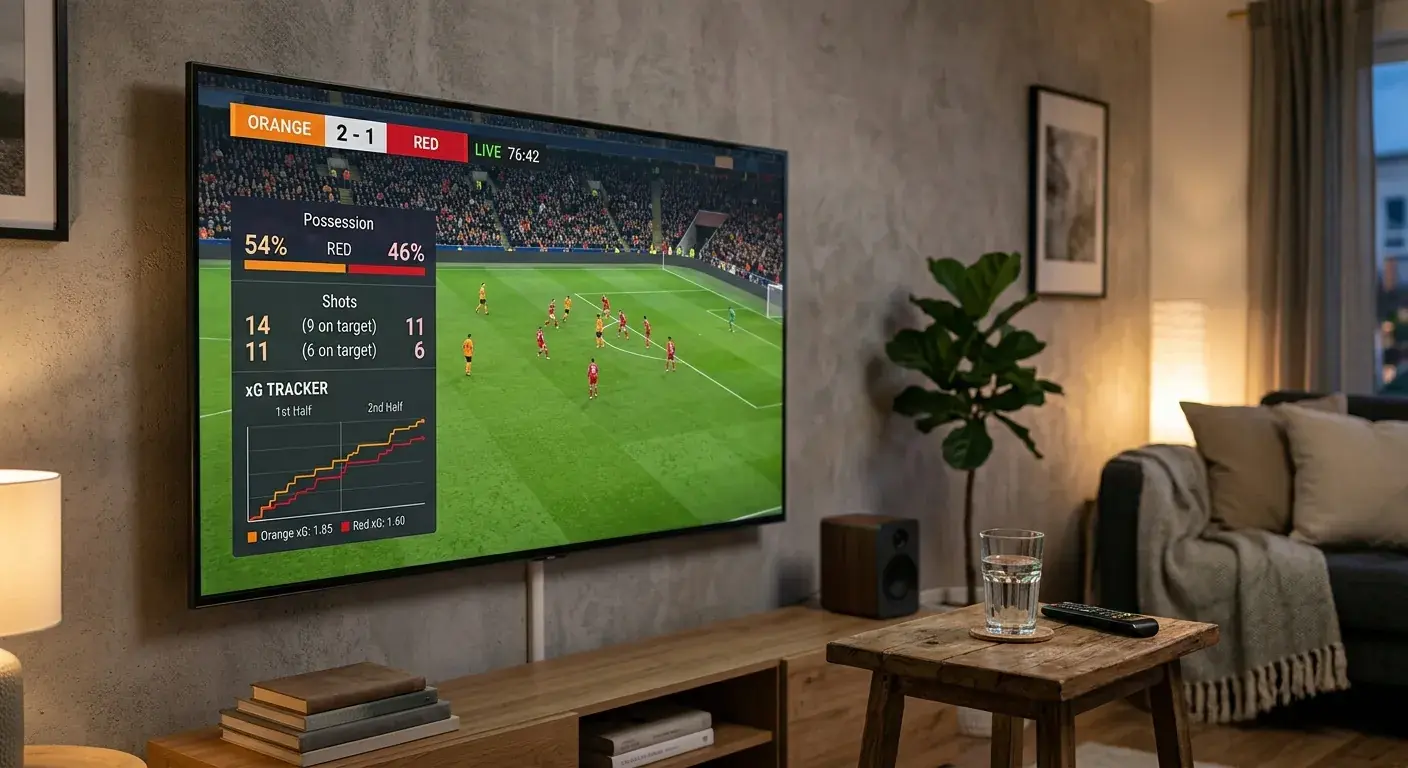 Großbildschirm mit Fußballspiel-Statistiken — Ballbesitz, Torschüsse und xG-Werte während einer Eredivisie-Partie