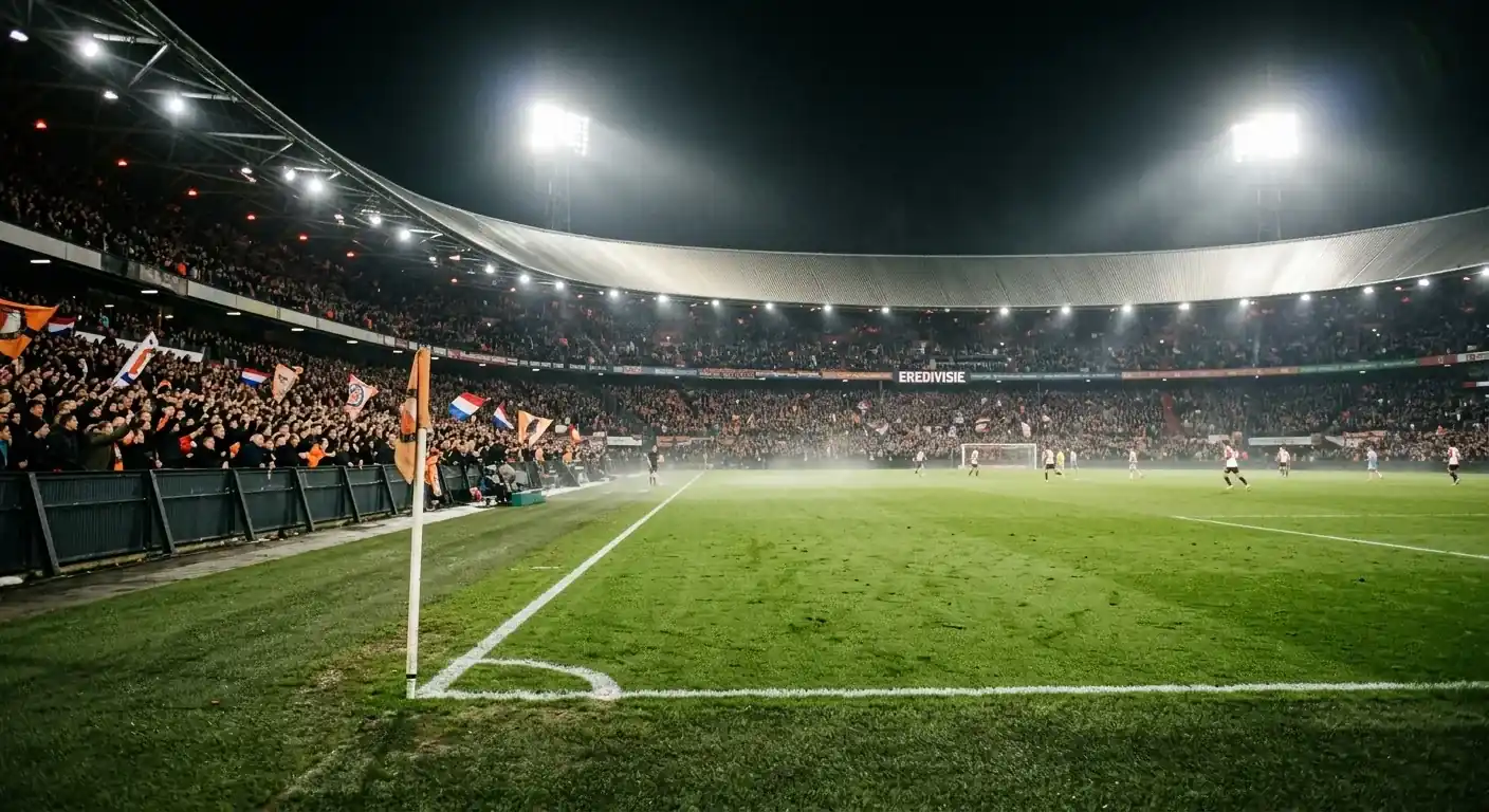 Eredivisie-Stadion bei Flutlicht mit Datenüberlagerung — Wettquoten-Analyse für deutsche Tipper