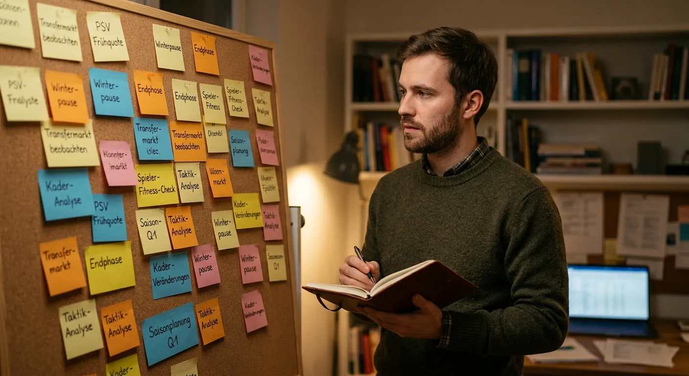 Person plant Saisonstrategie mit Notizen und Klebezetteln an einer Korkwand
