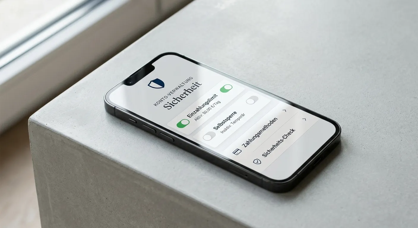 Smartphone zeigt eine Spielerschutz-Übersicht mit Einzahlungslimit und Selbstsperre-Option