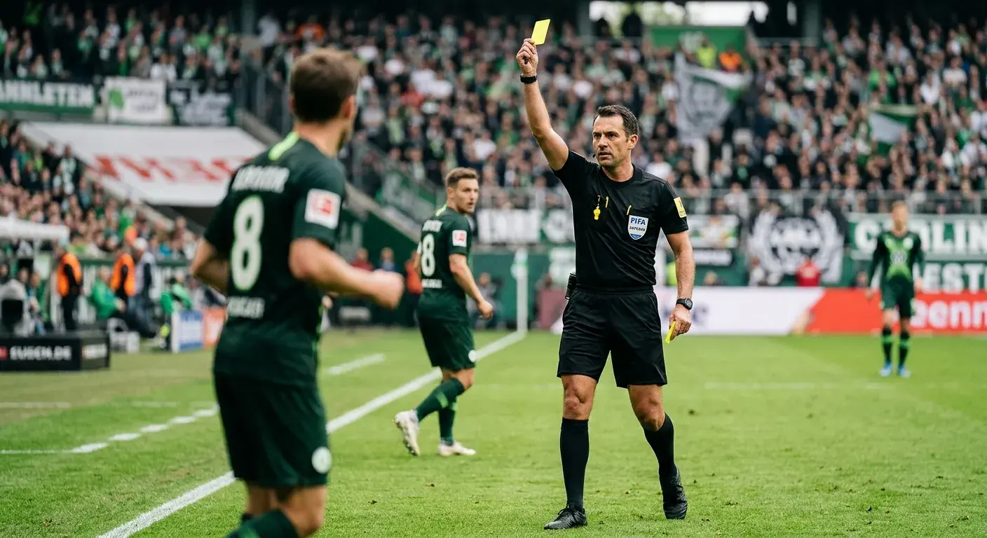 Schiedsrichter zeigt einem Spieler die gelbe Karte während einer Eredivisie-Begegnung