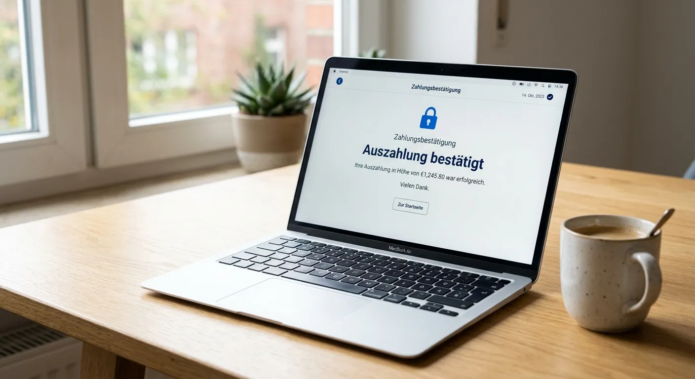 Laptop zeigt die abschließende Bestätigungsseite einer verschlüsselten Auszahlung an die eigene Bank