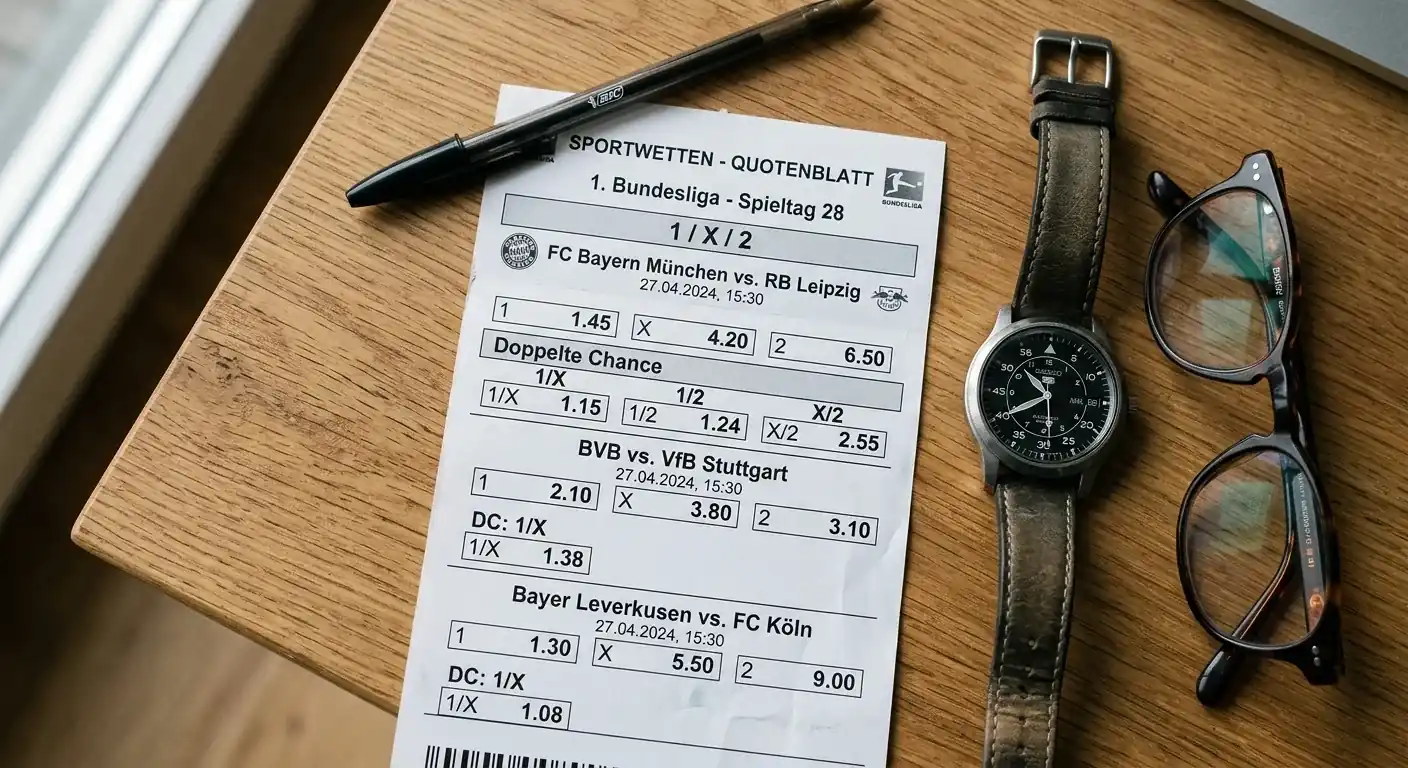 Tippschein-Detailansicht mit 1X2-Quoten und Doppelter Chance für ein Bundesliga-Auswärtsspiel