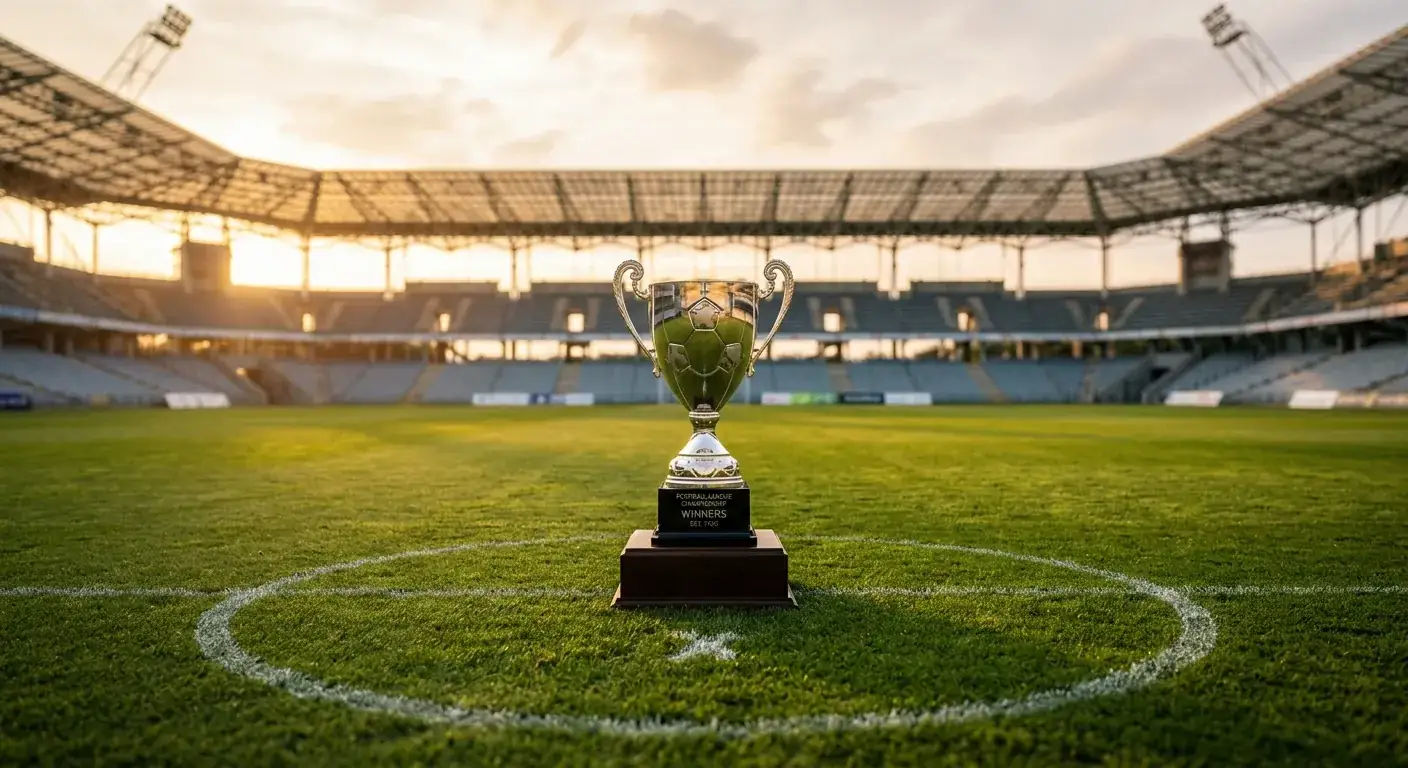 Goldene Liga-Trophäe auf einem Sockel im leeren Stadion als Symbol für Saisonwetten