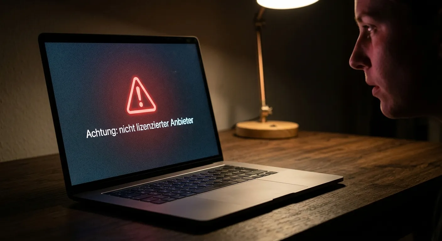 Laptop zeigt eine Warnmeldung beim Versuch, eine nicht lizenzierte Sportwetten-Seite aufzurufen